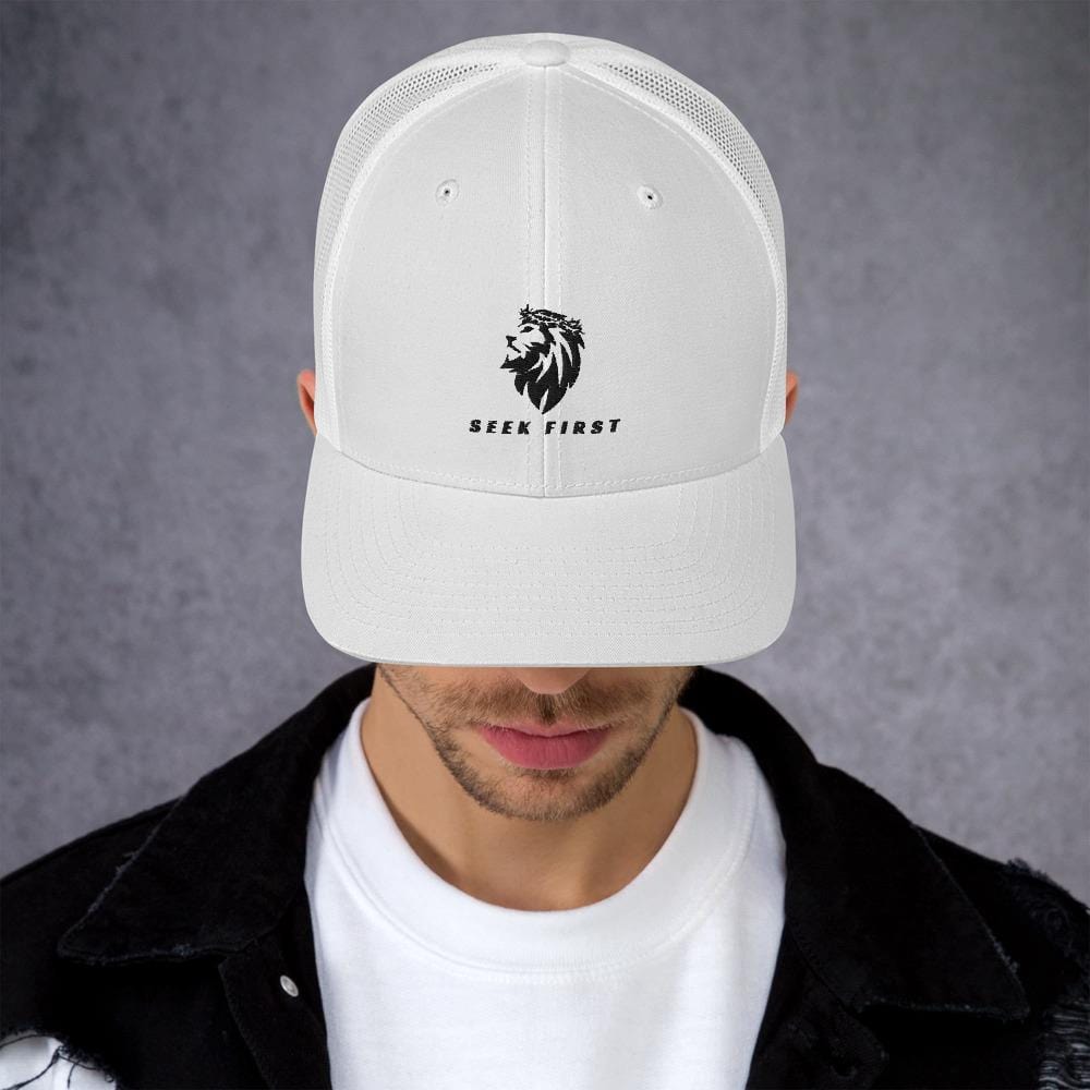 Thorn Crowned Lion - White Trucker Cap - Seek First