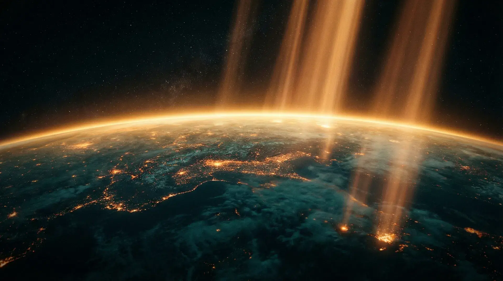 Earth from space with divine golden light — Seek First World